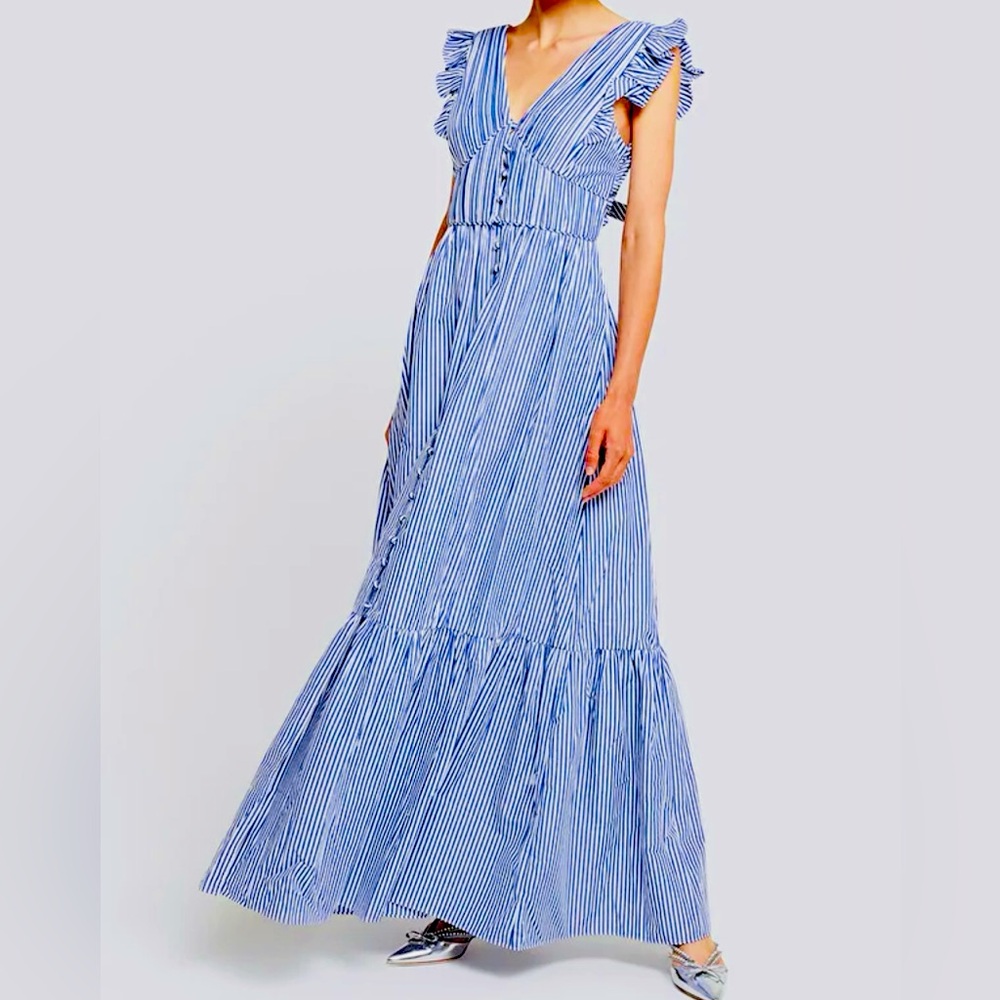 Blue Striped Maxi Dress with Ruffle Sleeves